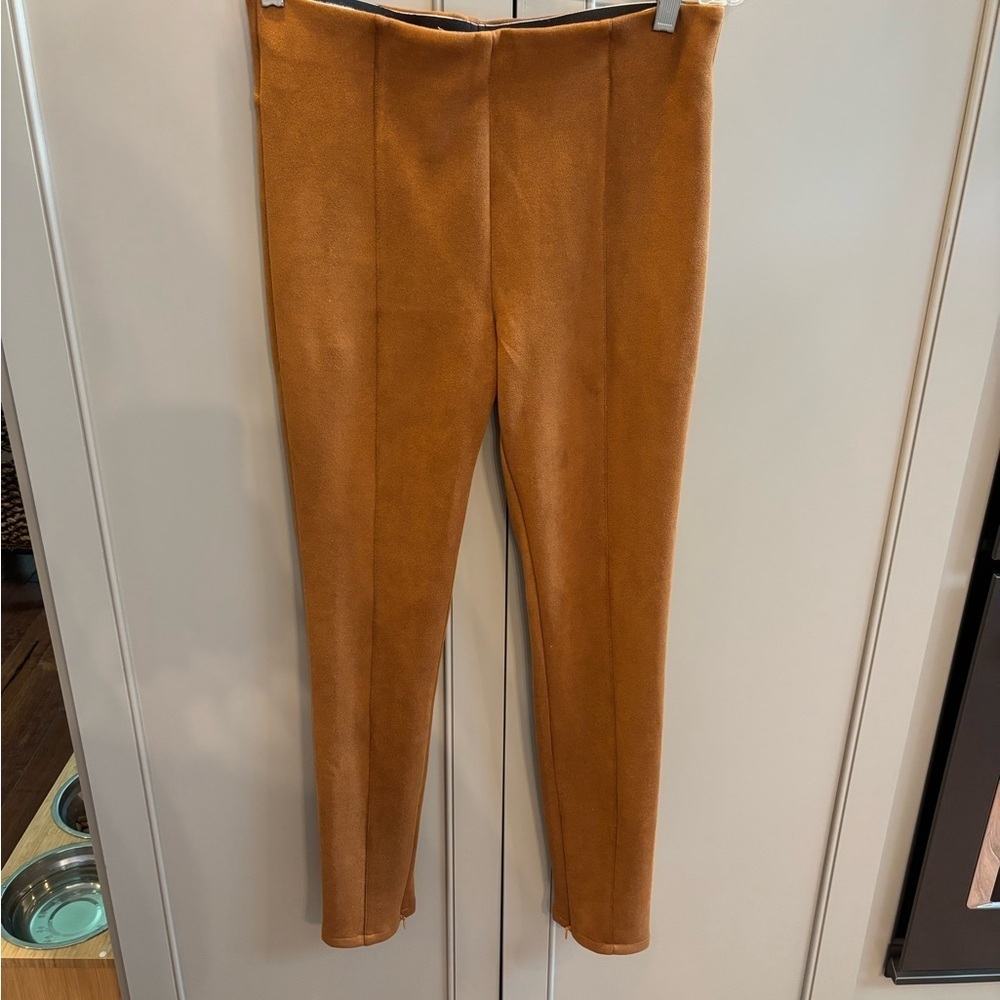 By Anthropologie - Camel brown faux suede skinny pull on pants zip hems, sz 30